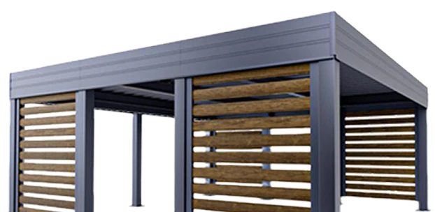 Wiata na samochód z metalową ramą i poziomymi drewnianymi panelami