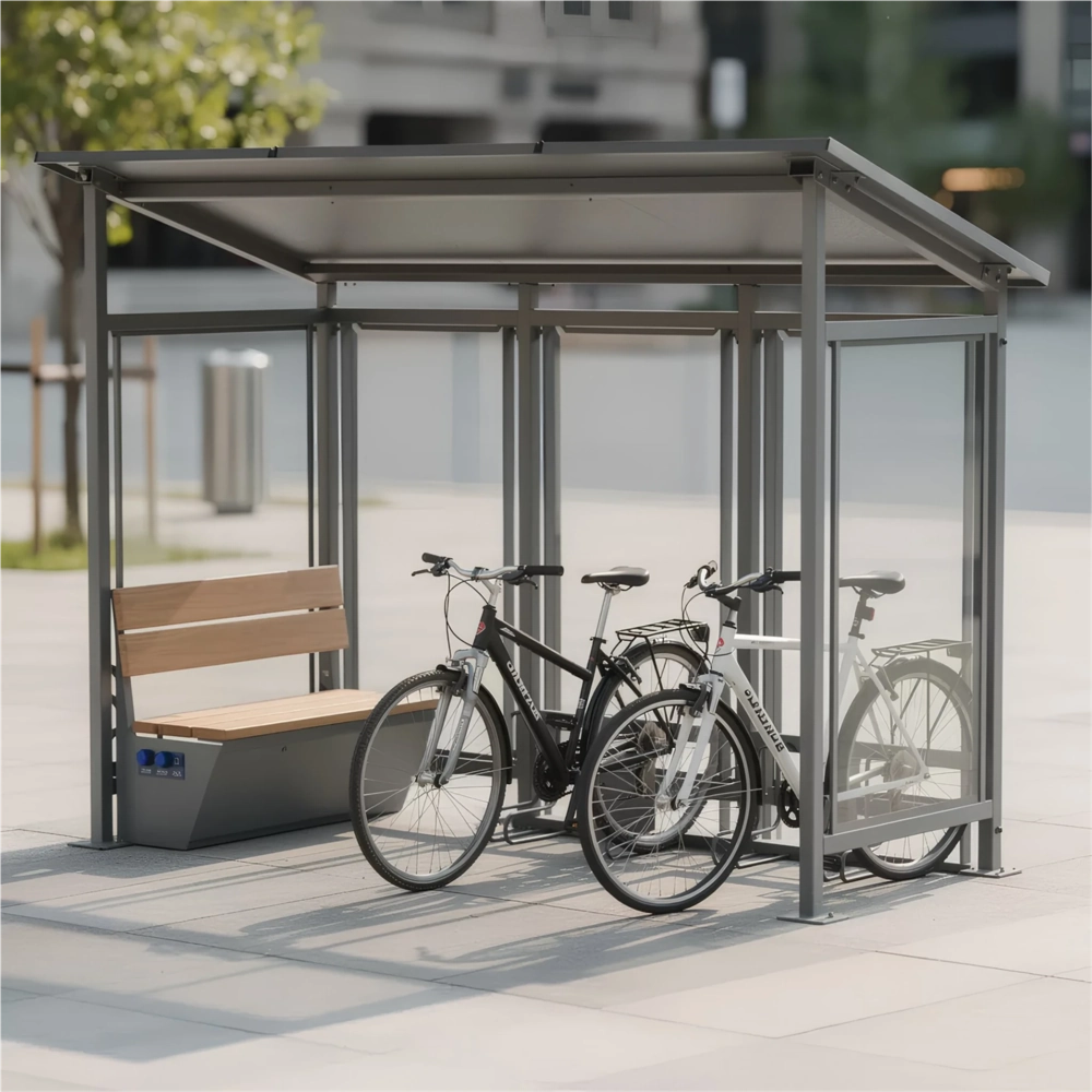 Metalowa wiata rowerowa z przezroczystym zadaszeniem i ścianami, wewnątrz dwa rowery i ławka