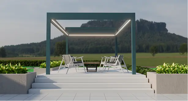 Metalowa pergola tarasowa z podświetleniem LED na podwyższonej platformie i meblami wypoczynkowymi